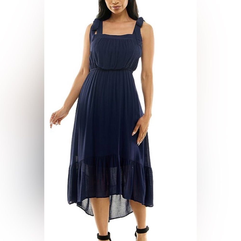 Nina Leonard Tie Strap High Low Dress Navy Blue Large Ruffle Hem Elastic Waist